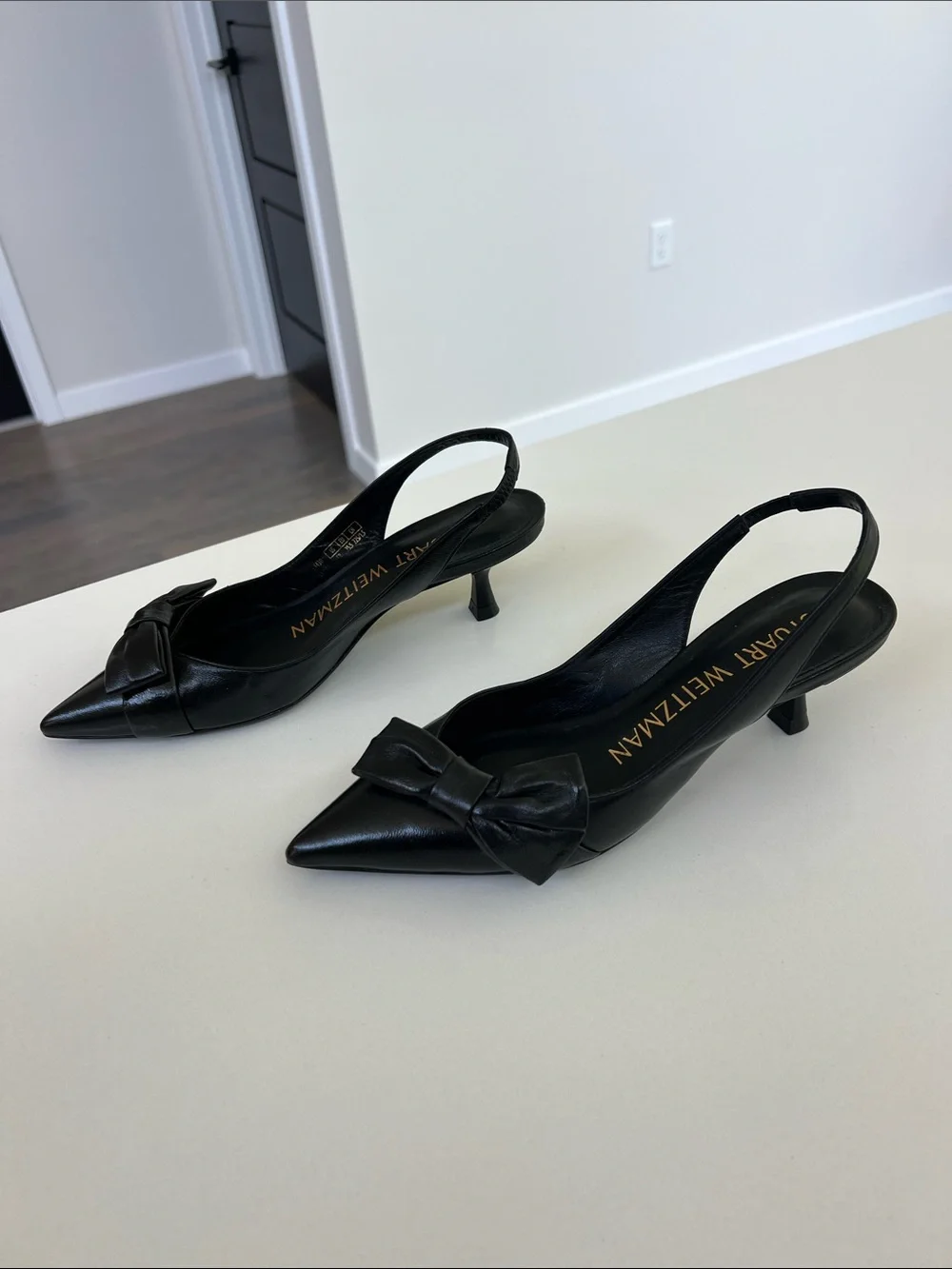 Stuart Weitzman sofia 50 slingback black leather pointed toe bow low heels 5